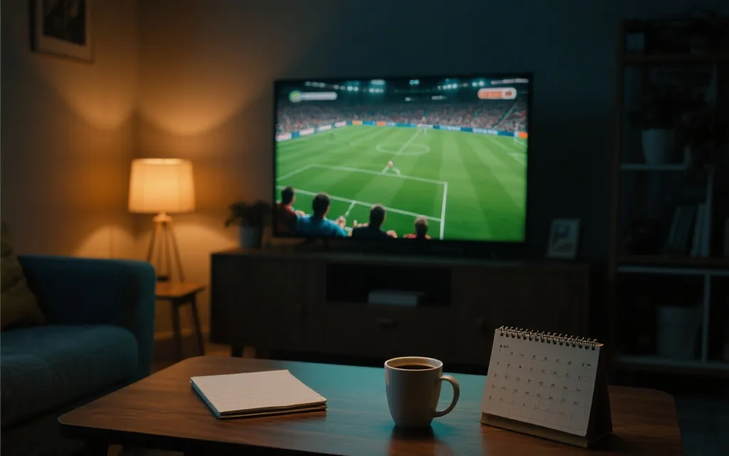 深夜客厅观赛场景，电视上是足球比赛氛围，桌上有日历与咖啡